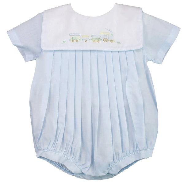 Romper with Train Embroidery in Blue