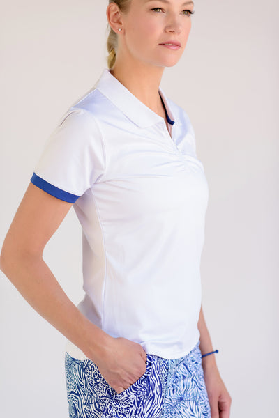 On Par Short Sleeve Polo White With Navy Trim Front View