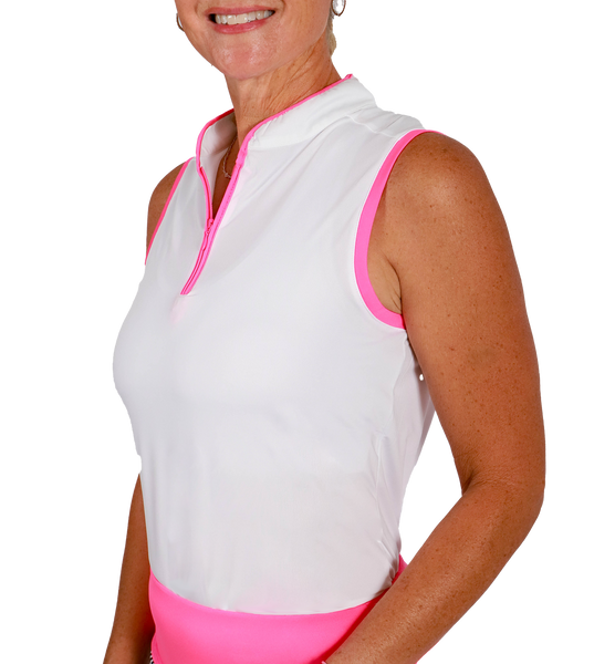 Under Par Sleeveless Polo- White with Hot Pink