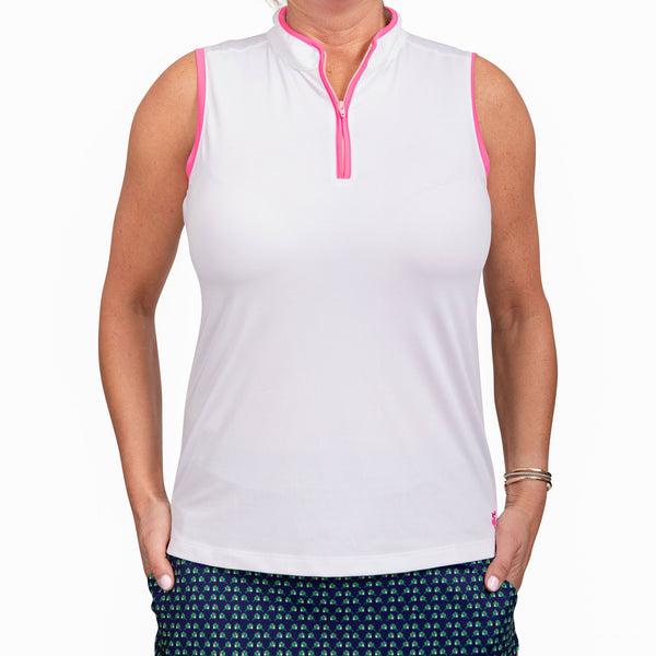Under Par Sleeveless Polo- White with Hot Pink